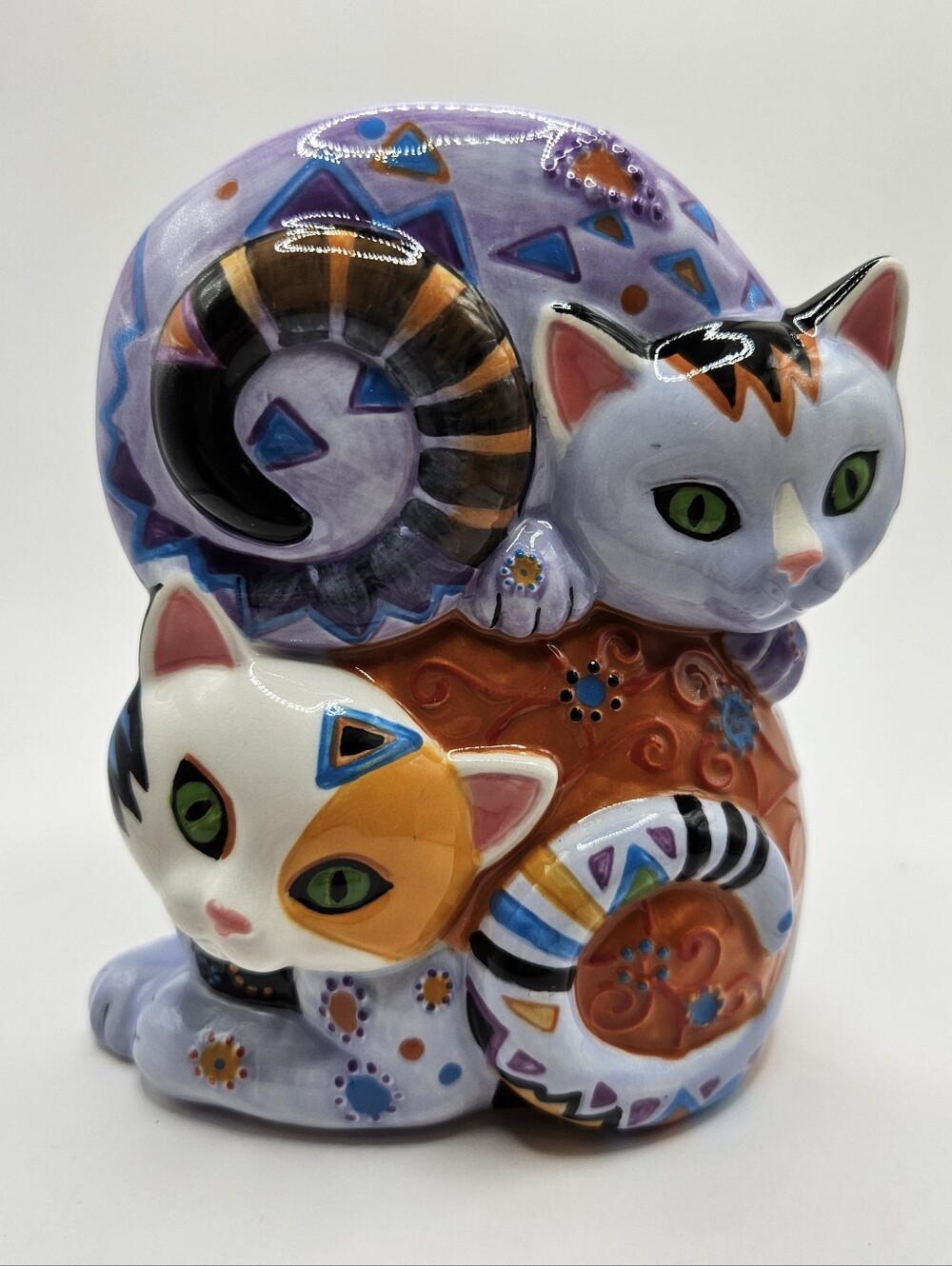 Kleo Kats Kuddlekats 13037 Colorful Ceramic Cat Figurine - Purple, Orange, White